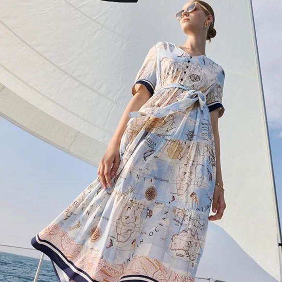 World map silk dress NWT